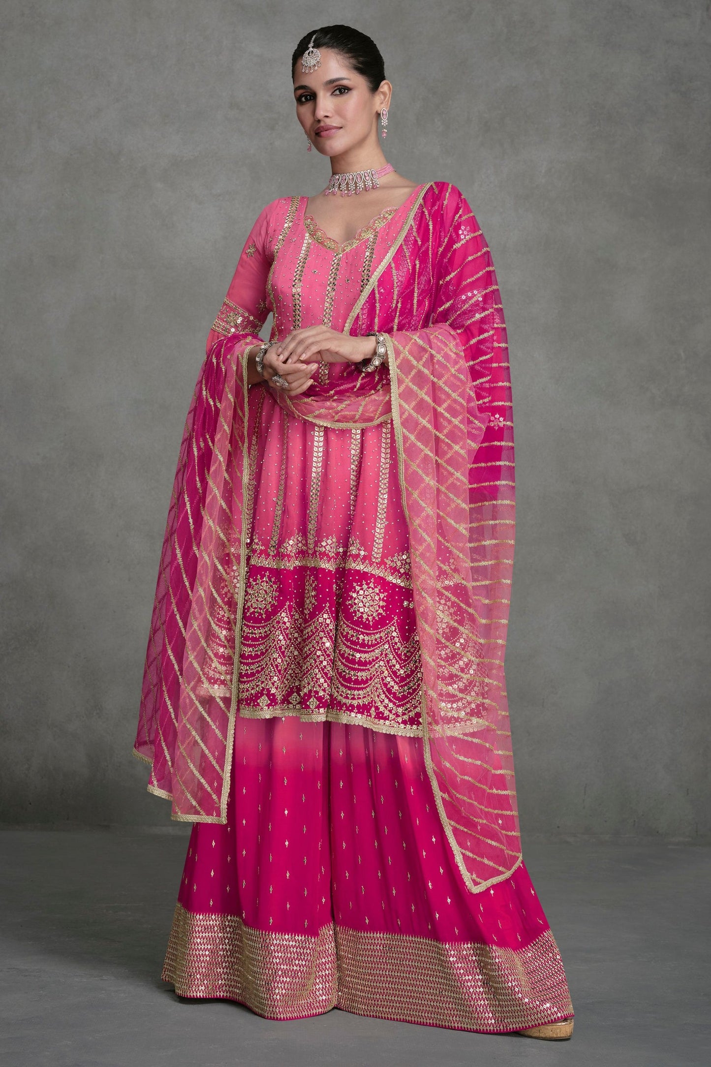 Pink Georgette Dual Tone Palazzo Suit