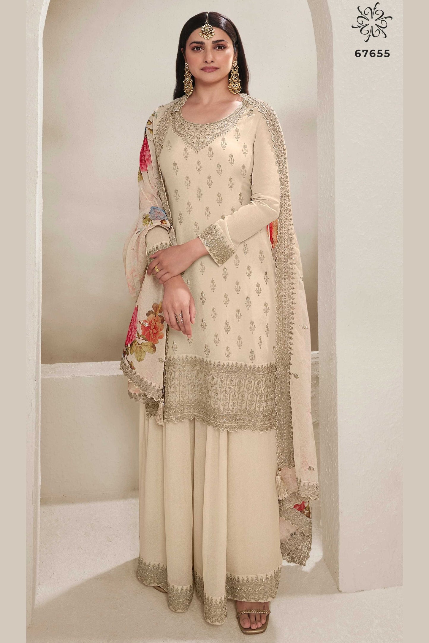 Cream Chinon Silk Palazzo Suit - Embroidery Work, Print Work