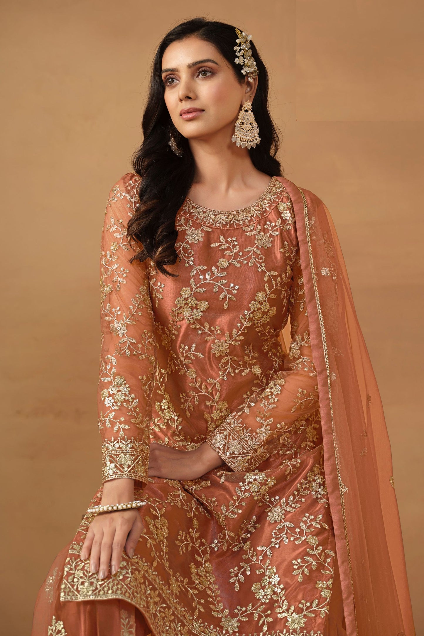 Peach Net Sharara Suit