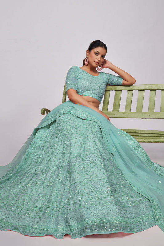Seafoam Green Net Lehenga Choli - Sequence Embroidery Work, Bead Work