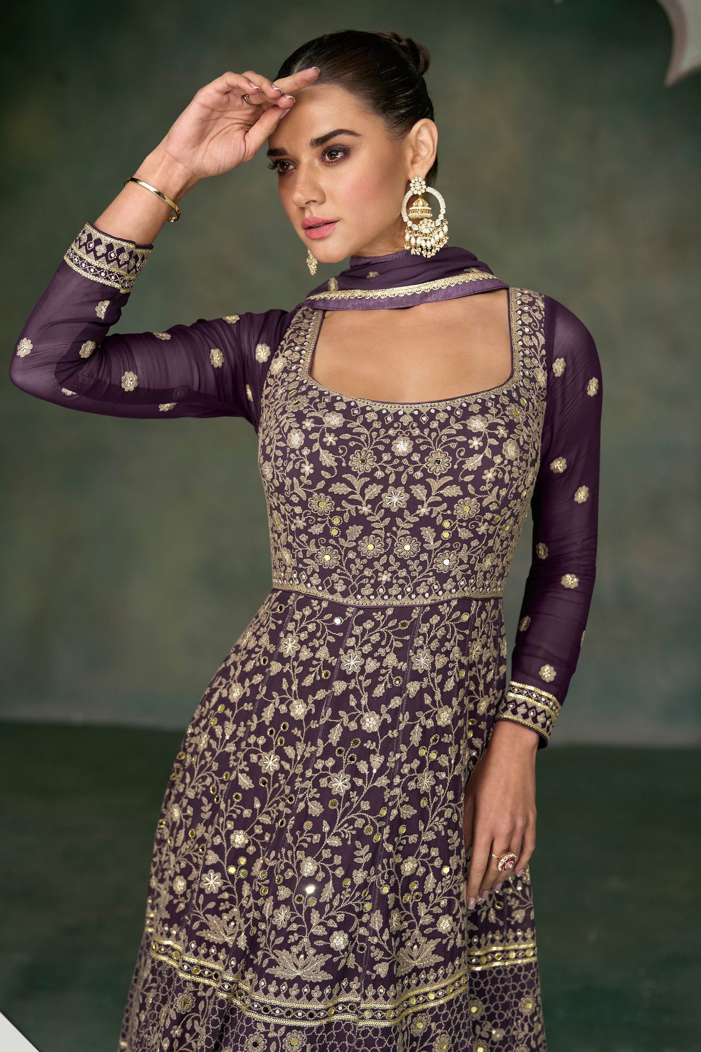 Purple Georgette Floor Full Length Embroidered Anarkali Suit