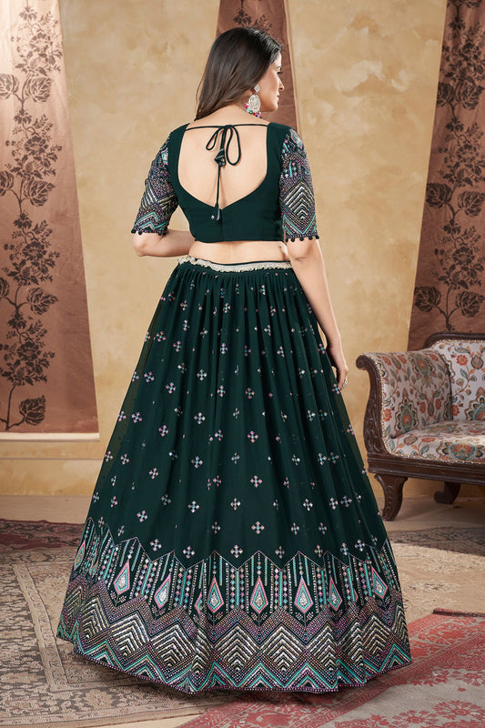 Green Georgette Lehenga Choli - Thread Embroidery Work, Foil Mirror Work