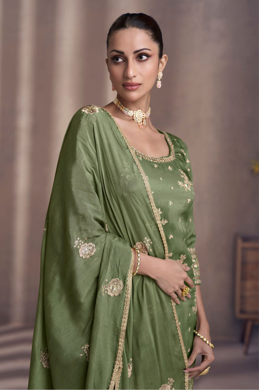Green Chinon Silk Sharara Suit