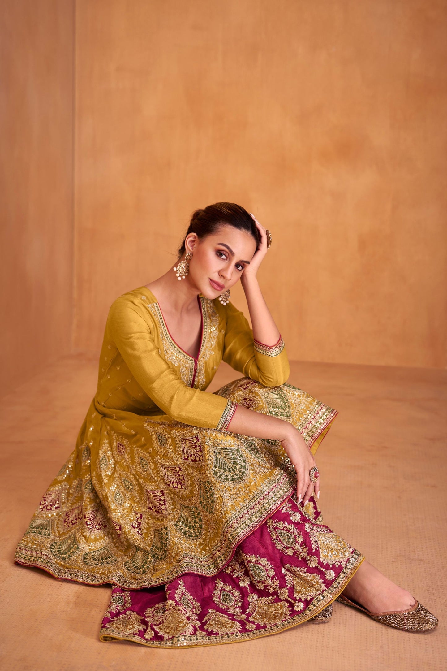 Mustard Chinon Silk Palazzo Suit
