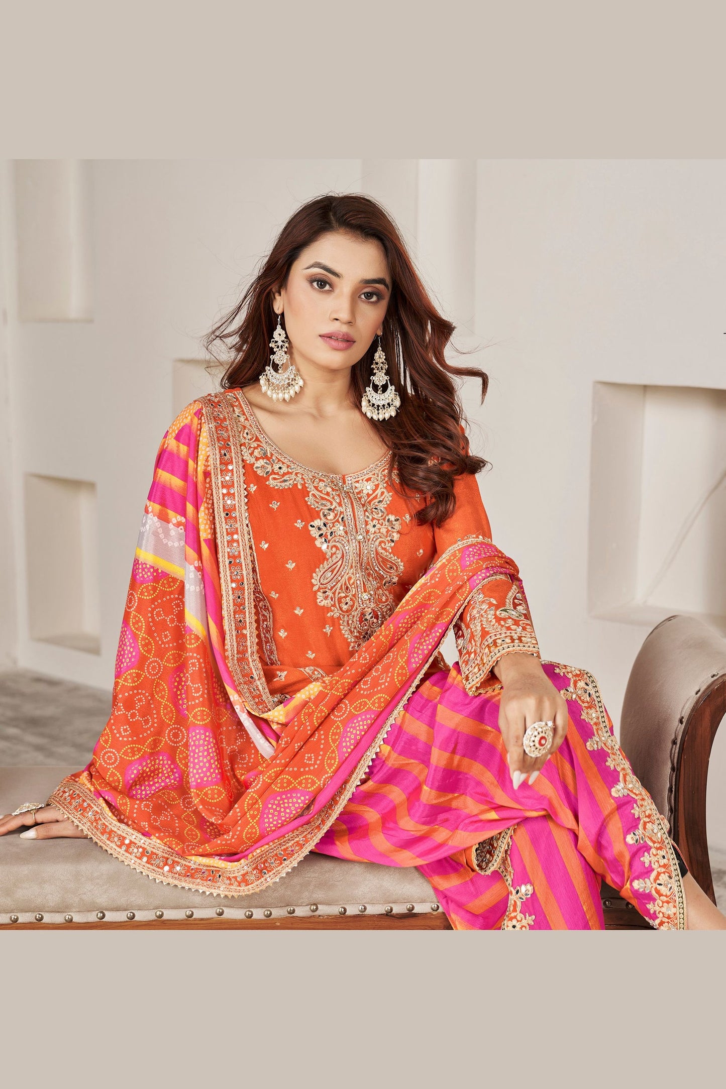 Orange Chinon Silk Salwar suit