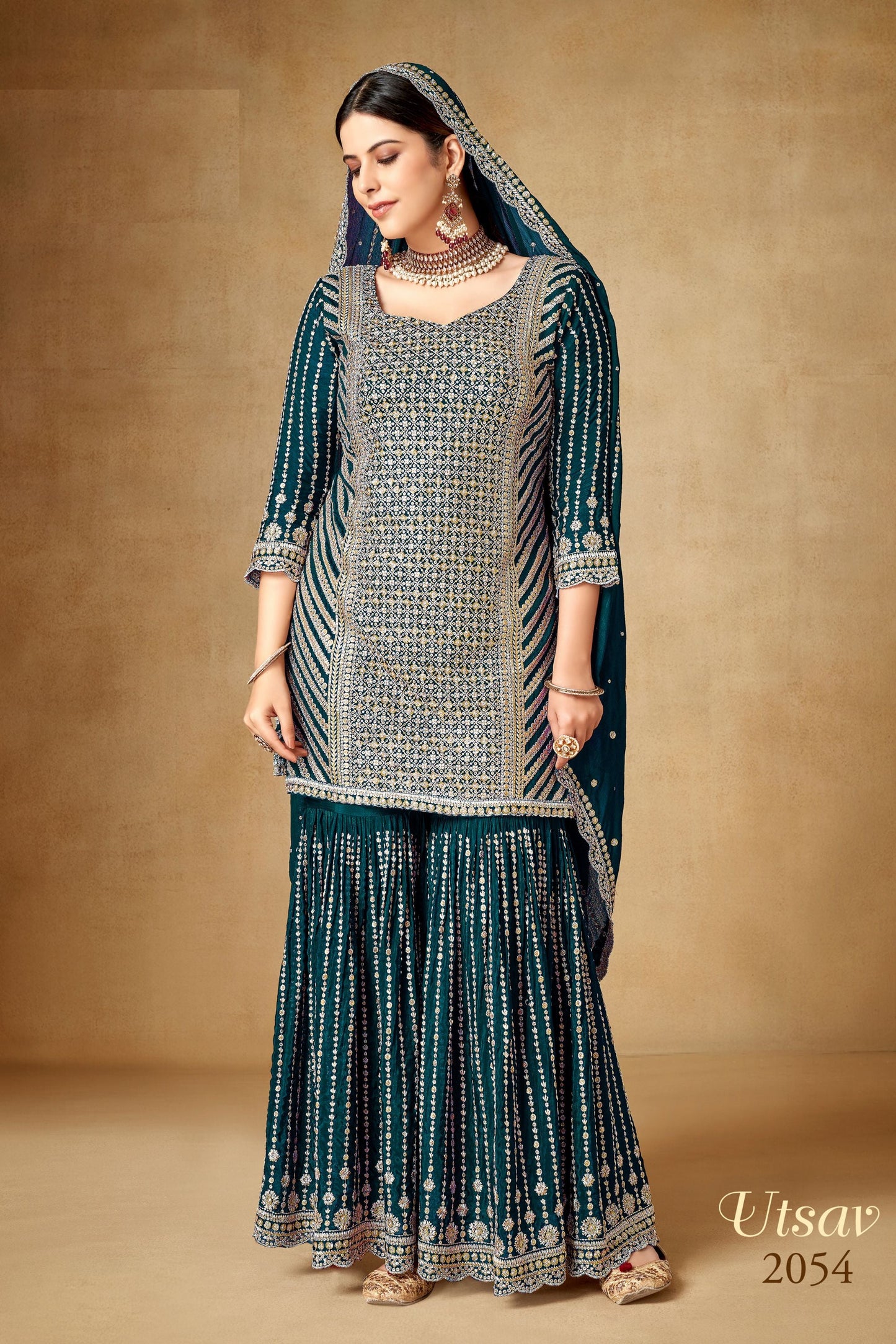 Teal Chinon Silk Sharara Suit