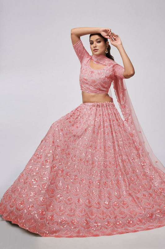 Odette Pink Net Lehenga Choli - Sequence Embroidery Work, Bead Work, Zarkan Work