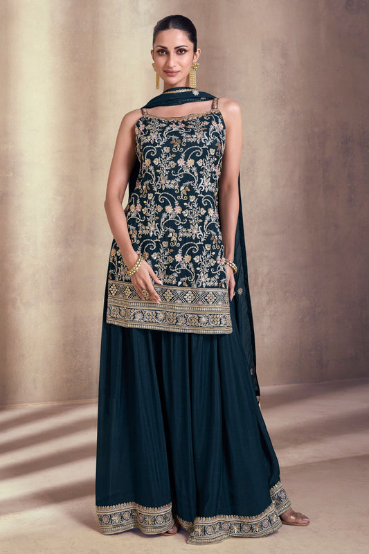 Navy Blue Chinon Silk Palazzo Suits
