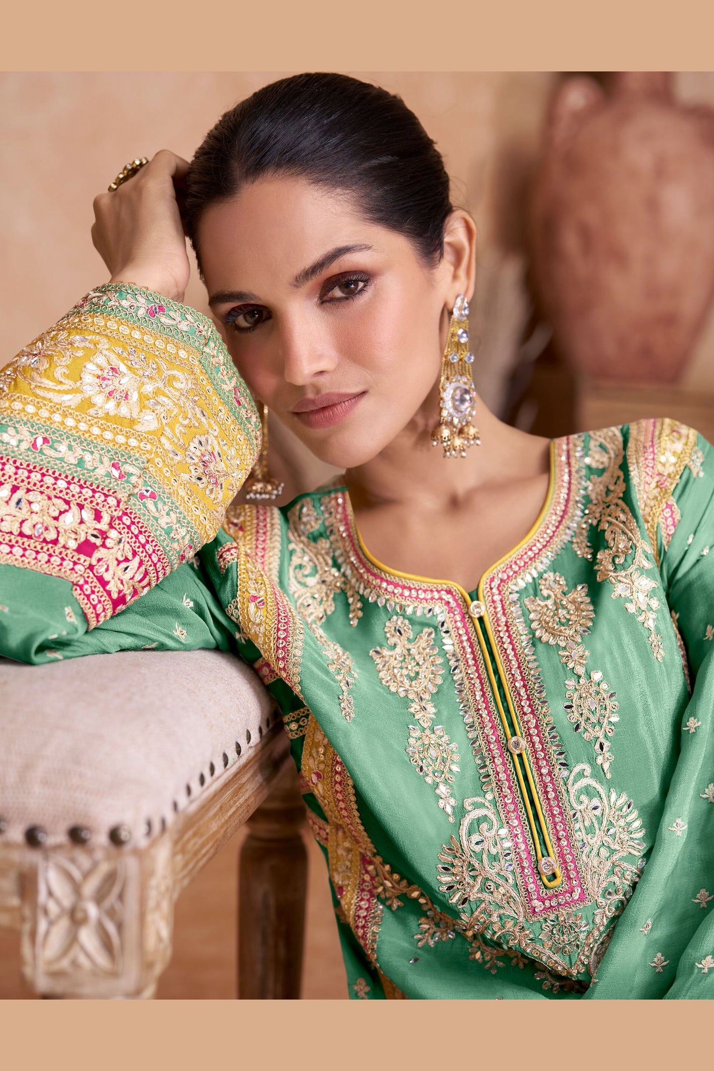 Yellow Chinon Palazzo Suit
