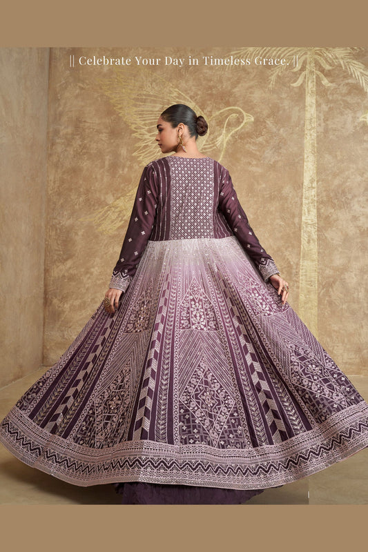 Dark Purple Chinon Silk Lehenga Choli with Jacket - Embroidery Work