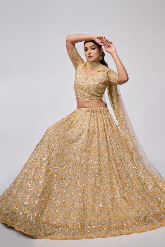 Gold Net Lehenga Choli - Sequence Embroidery Work, Bead Work, Zarkan Work