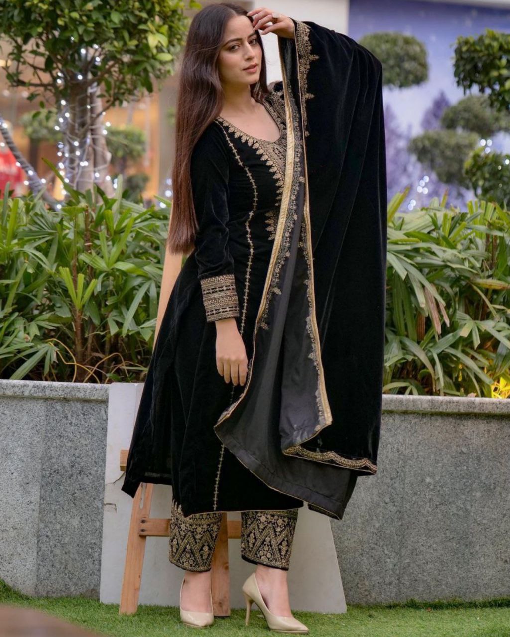 Black Micro Velvet Embroidery Work Suit With Georgette Dupatta