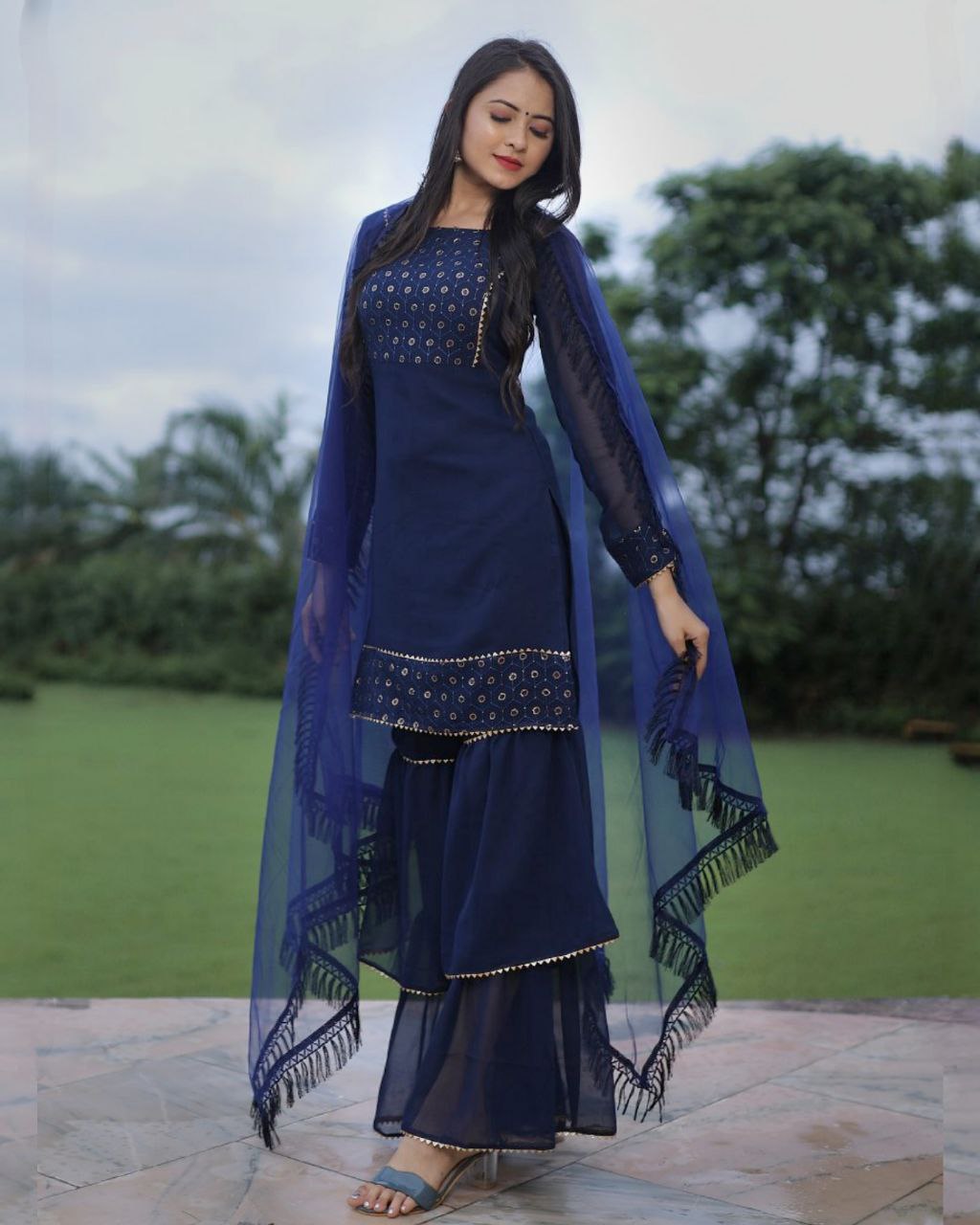 Neavy Blue Heavy Georgette Sharara Suit With Dupatta