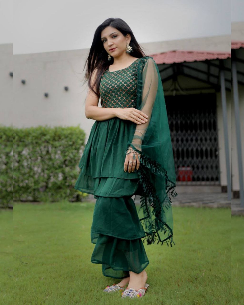 Green Heavy Georgette Sharara Suit With Dupatta