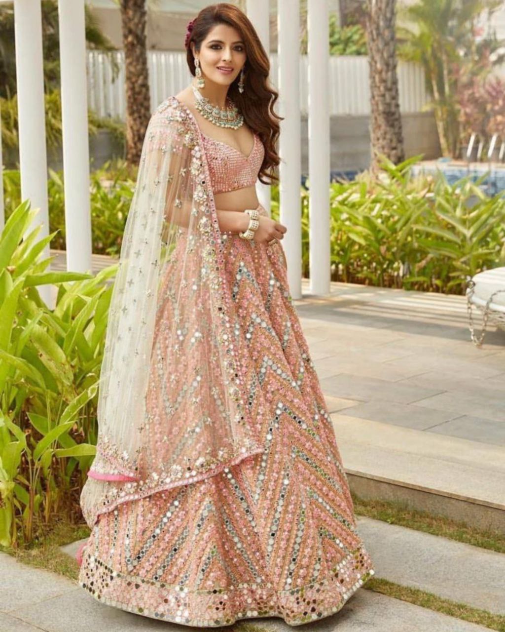 Rose Gold Tapeta Silk Mirror Work Lehenga Choli With Net Dupatta