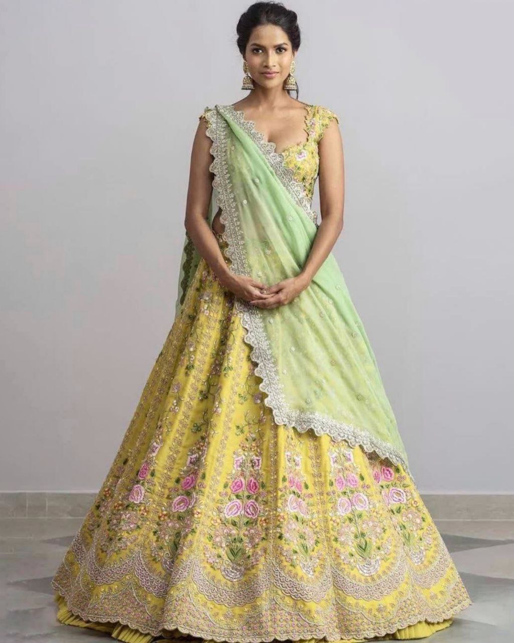 Yellow Taffeta Silk Flower Embroidery Work Lehenga Choli With Pink Dupatta