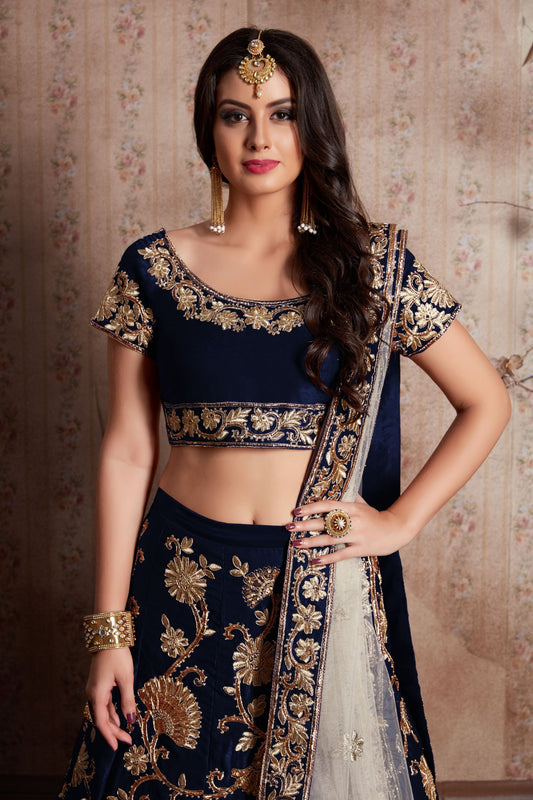 Blue Velvet Silk Lehenga Choli - Sequence Embroidery Work, Lace Work, Zari Work