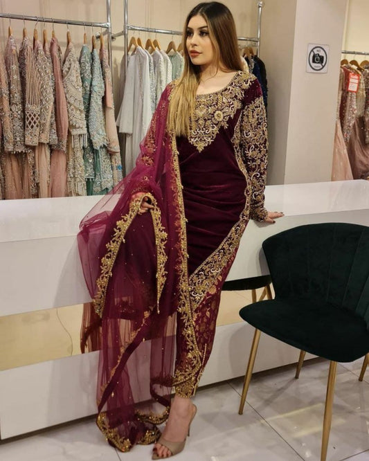 Aromatic Maroon & Black Micro Velvet Embroidery Work Pakistani Salwar Suit With Dupatta