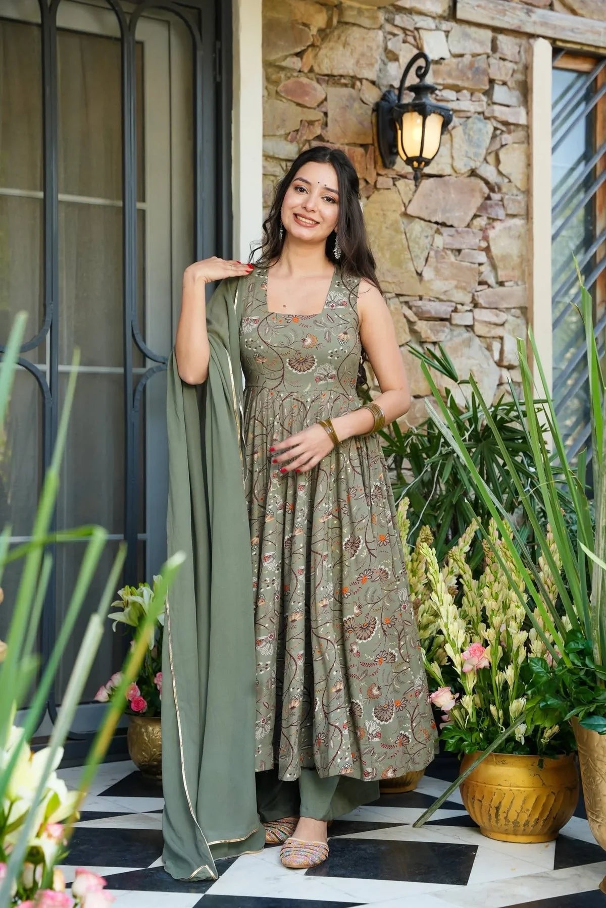 BISHARA SAGE RAYON ANARKALI SUIT SET