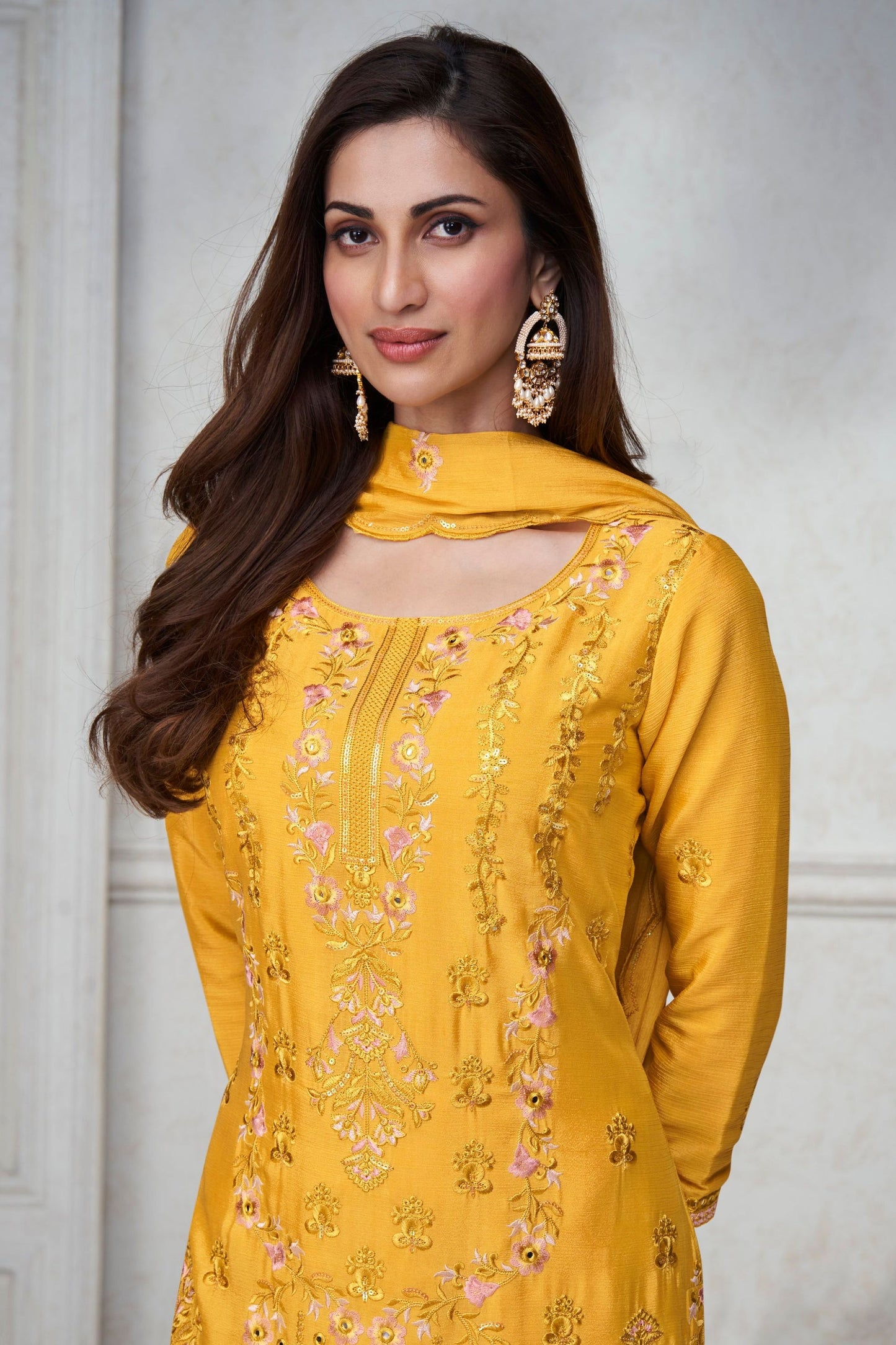 Golden Chinon Silk Sharara suit