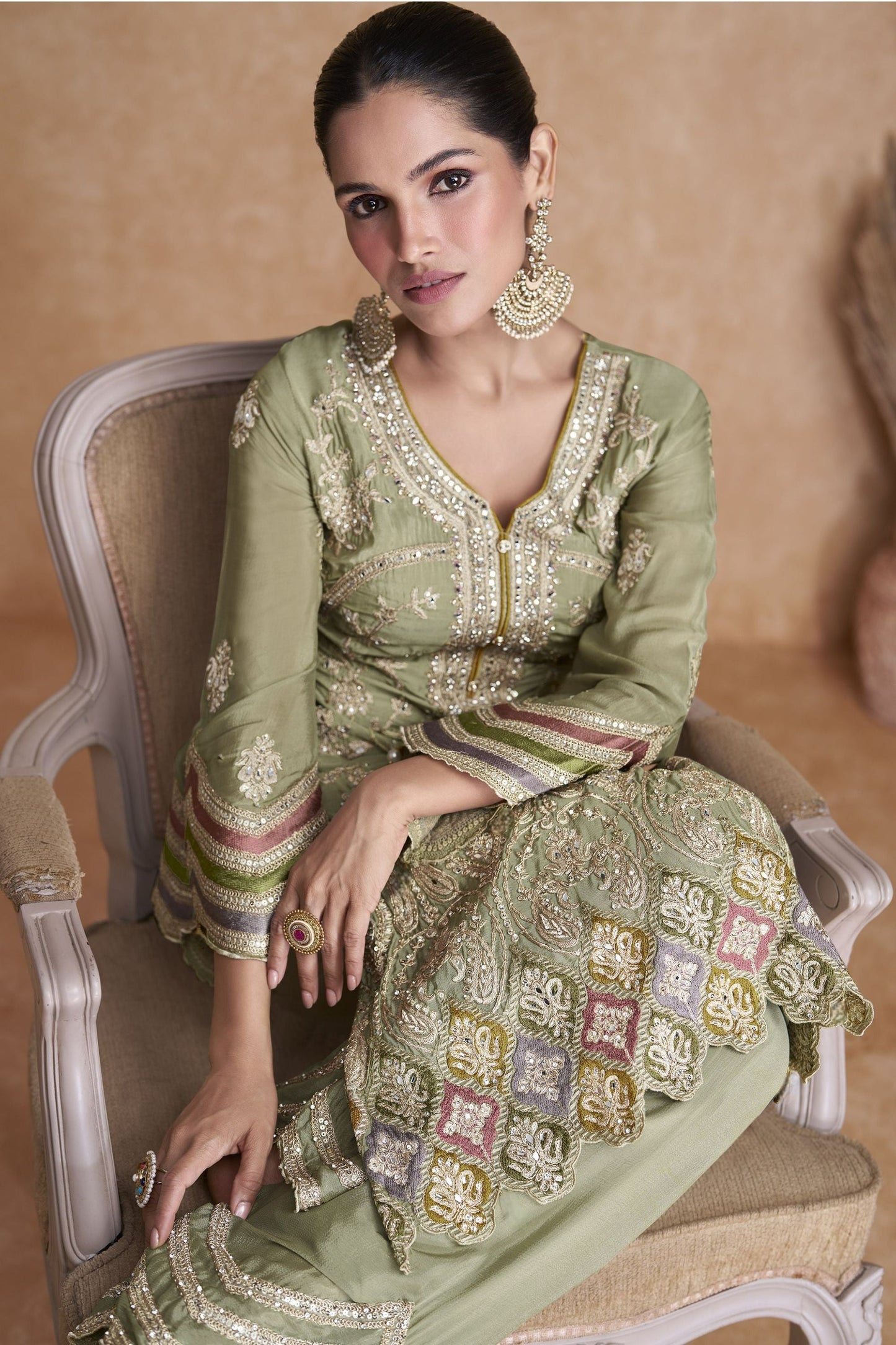 Light Green Chinon Silk Plazzo Suit