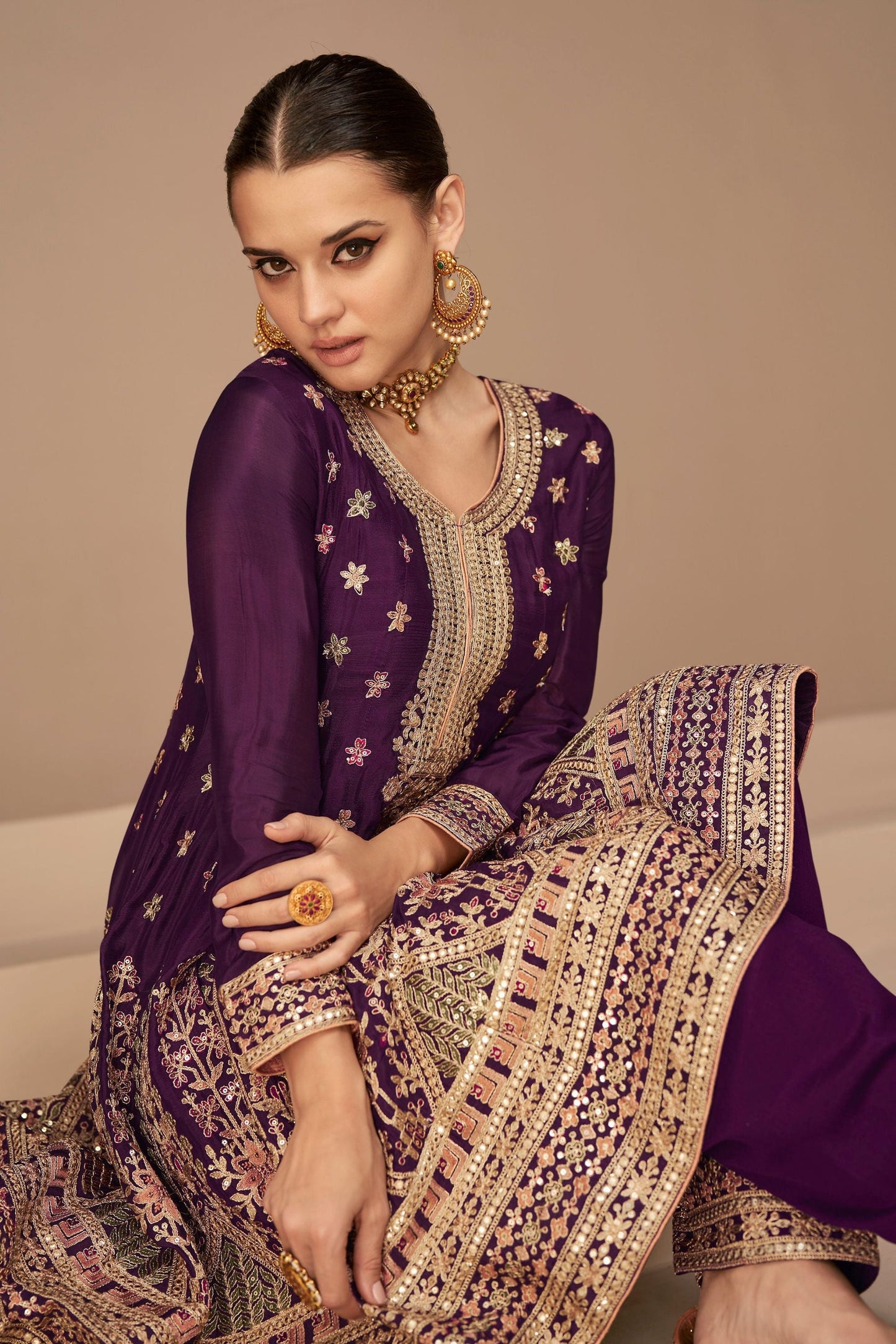 Maroon Chinon Silk salwar suit