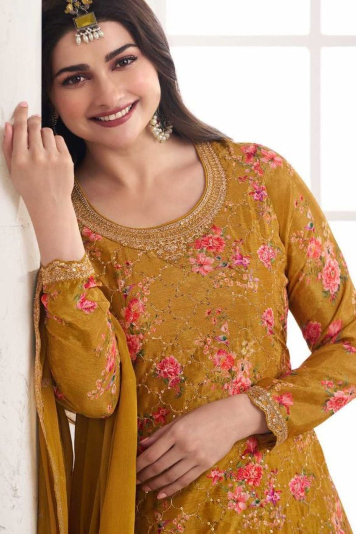 Mustard Chinon Silk Floral Plazzo Suit