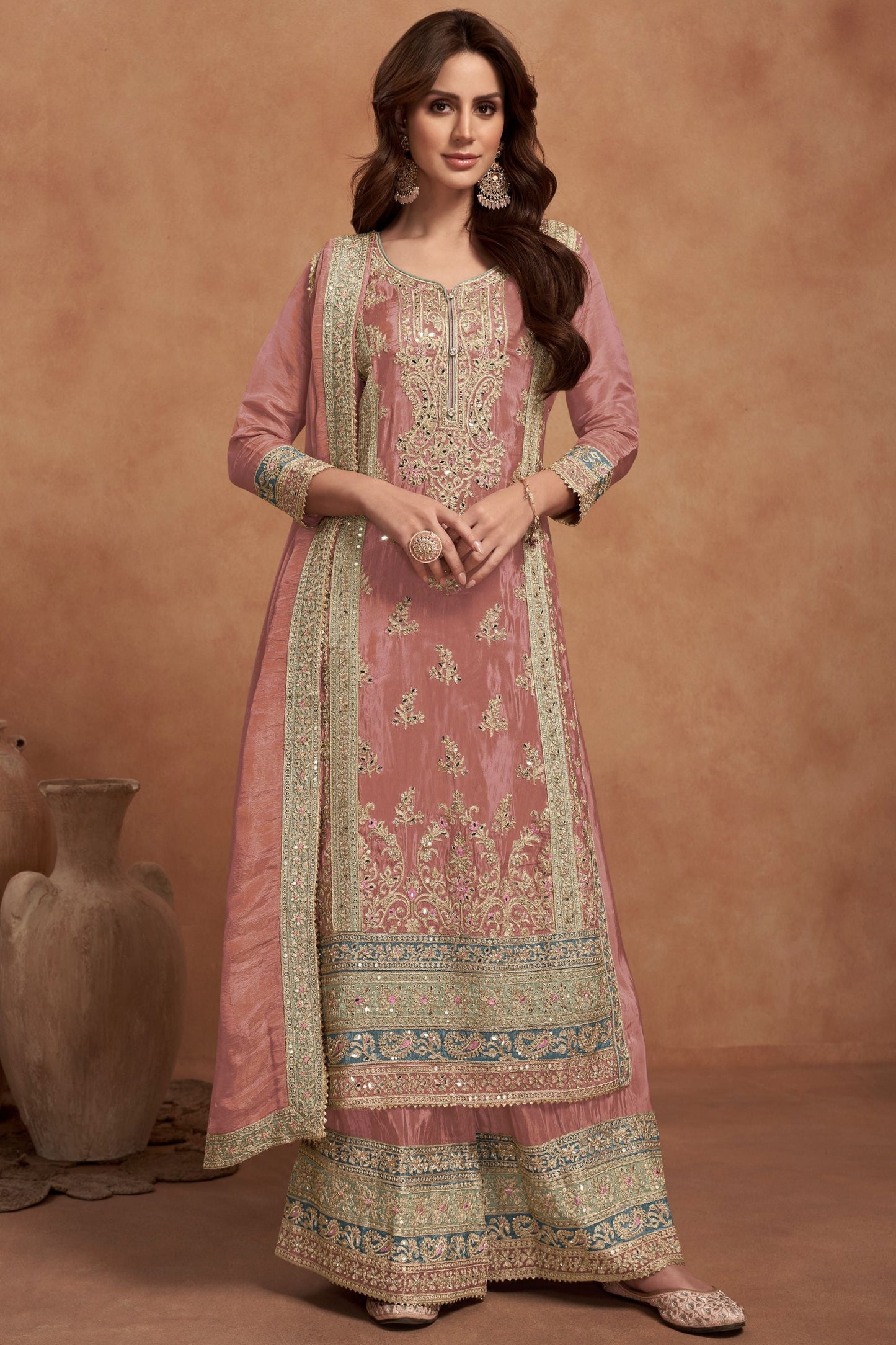 Peach Simmer Silk Plazzo Suit