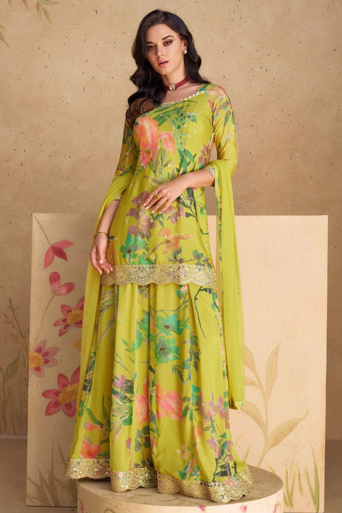 Green Chinon Silk Flower Printed Palazzo Suit - Print Work, Embroidery Work