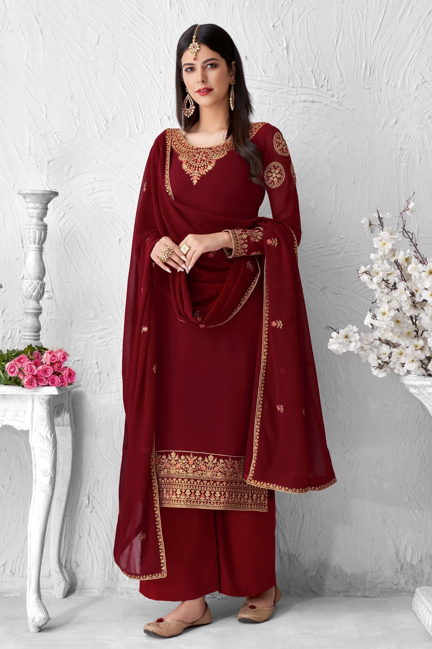 Red Georgette Palazzo Suit For Wedding & Festival