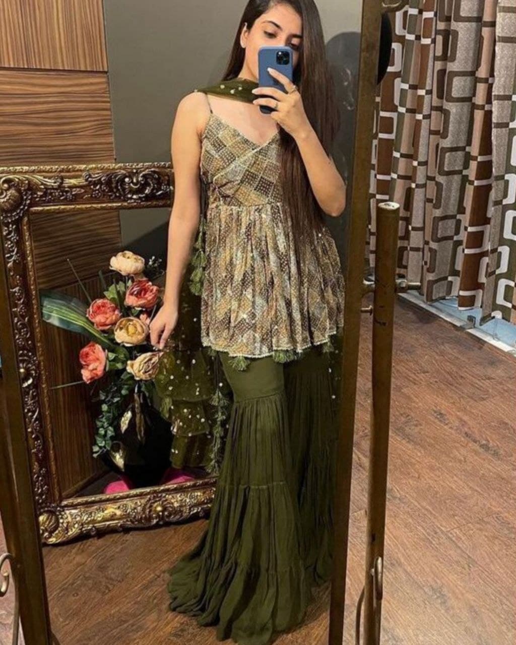 Pickle Green Multi Georgette Silk Digital Print Sharara Suit With Dupatta