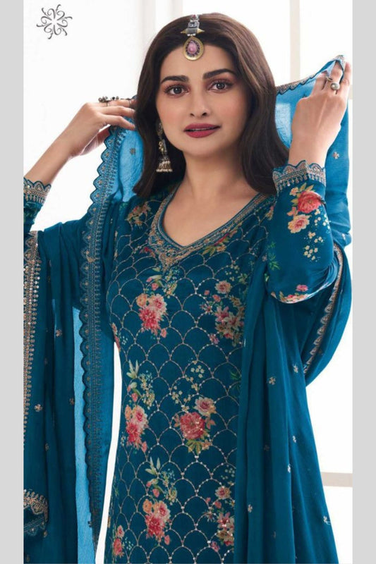 Teal Blue Chinon Silk Floral Plazzo Suit