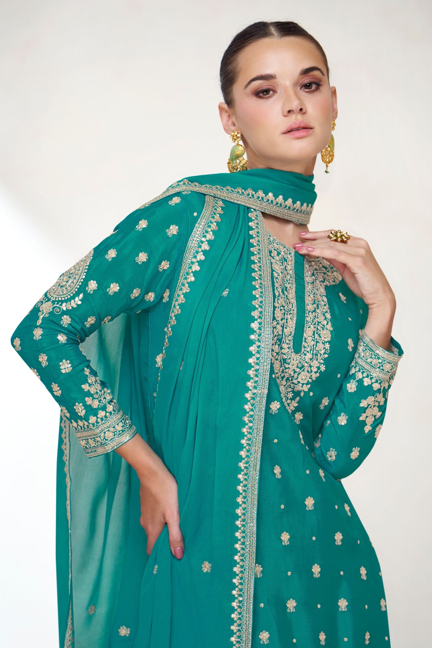 Turquoise Chinon Silk Sharara With Kameez