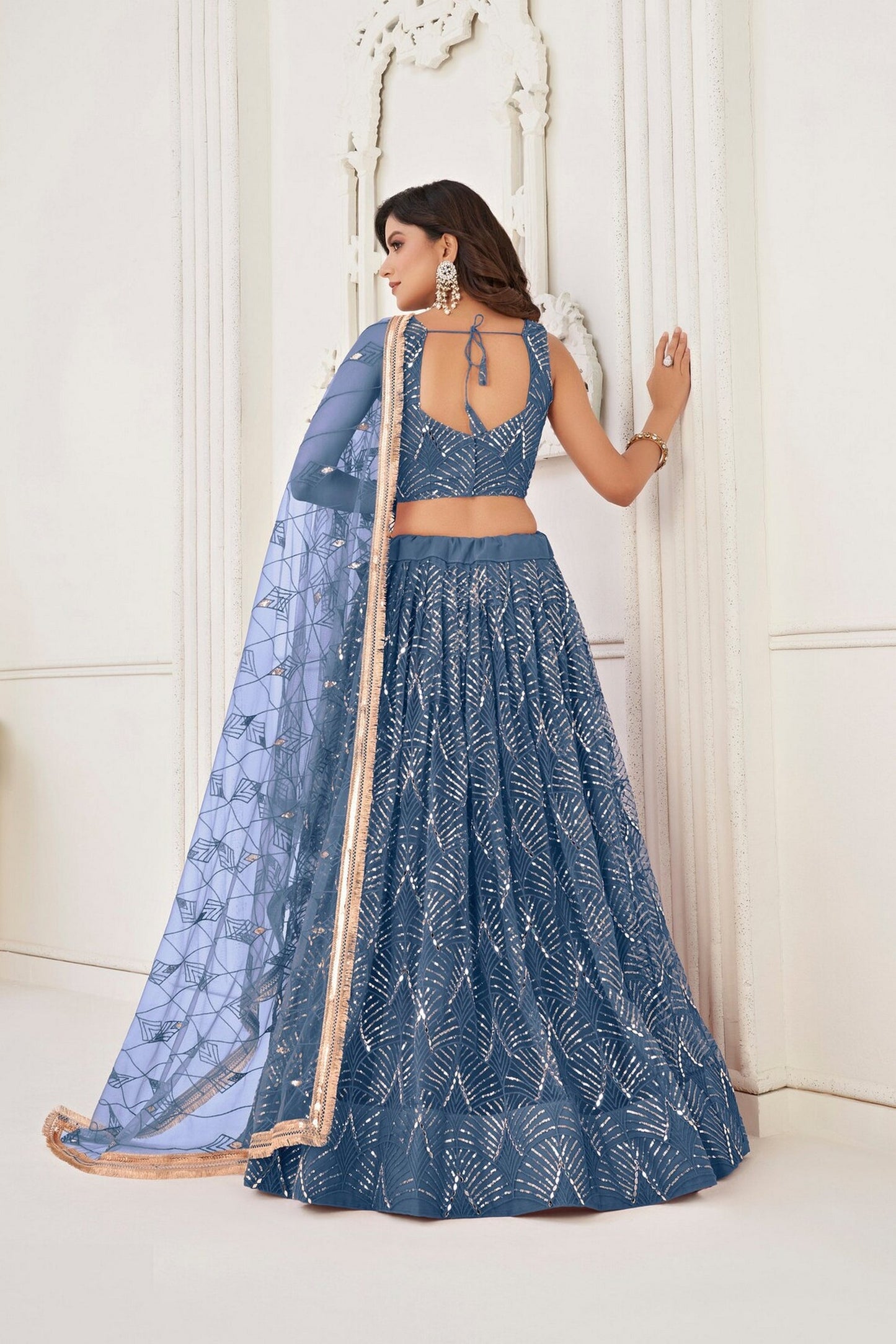 Steel Blue Net Embroidered Lehenga