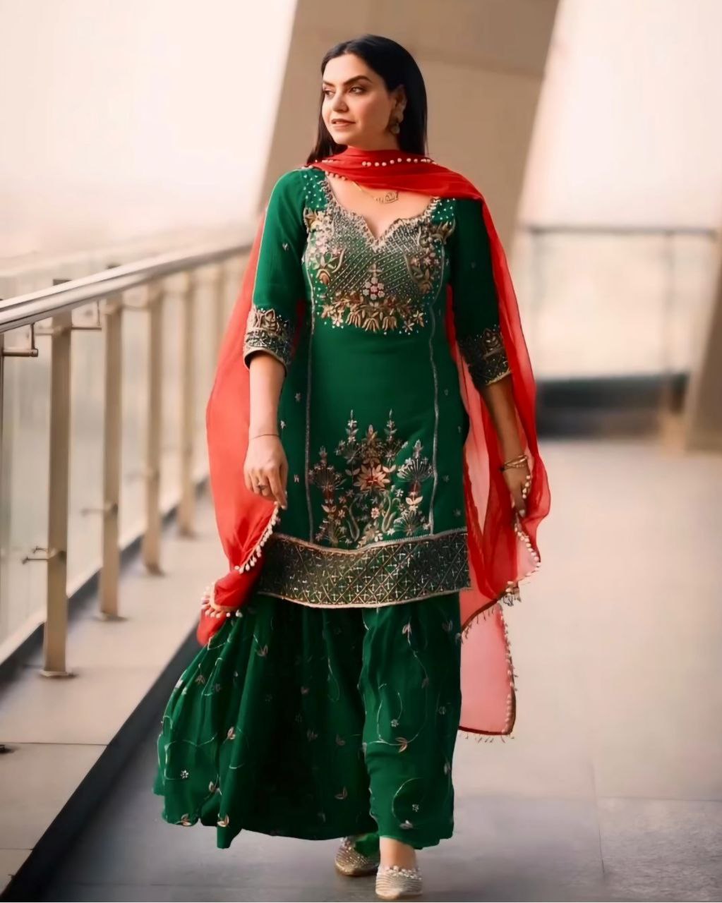 Green Pure Georgette With Sequence Work Gharara Suit With Dupatta
