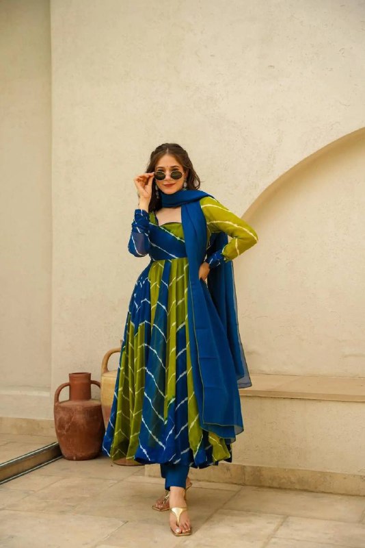 BLUE FANCY ORGENZA ANARKALI SUIT SET