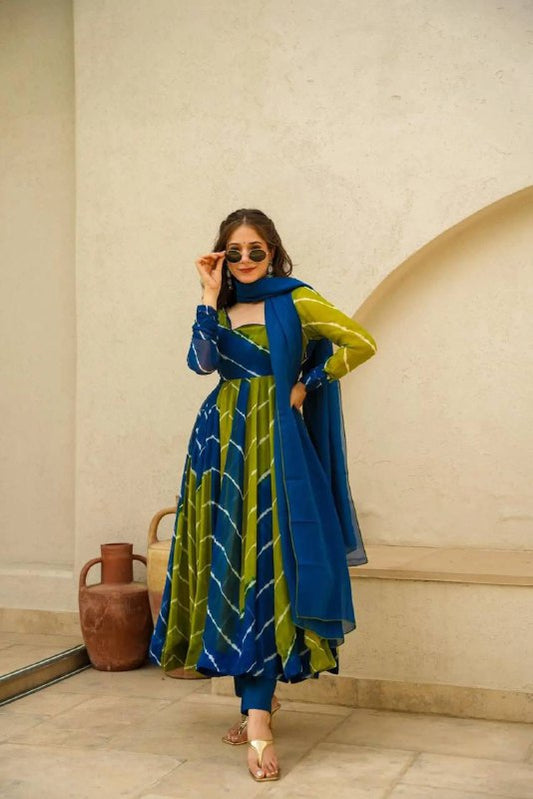 BLUE FANCY ORGENZA ANARKALI SUIT SET