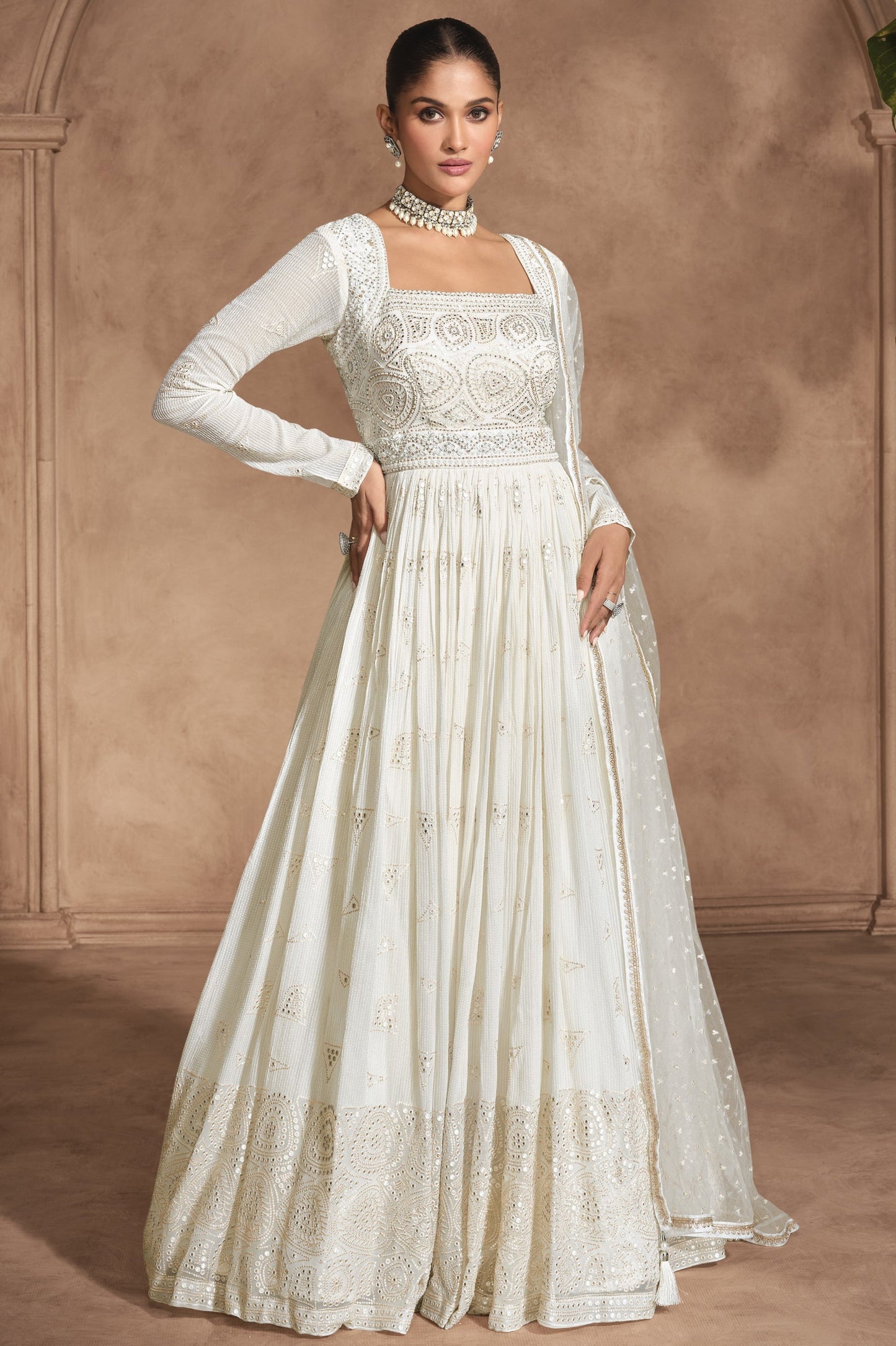 White Georgette Floor Full Length Anarkali Suit