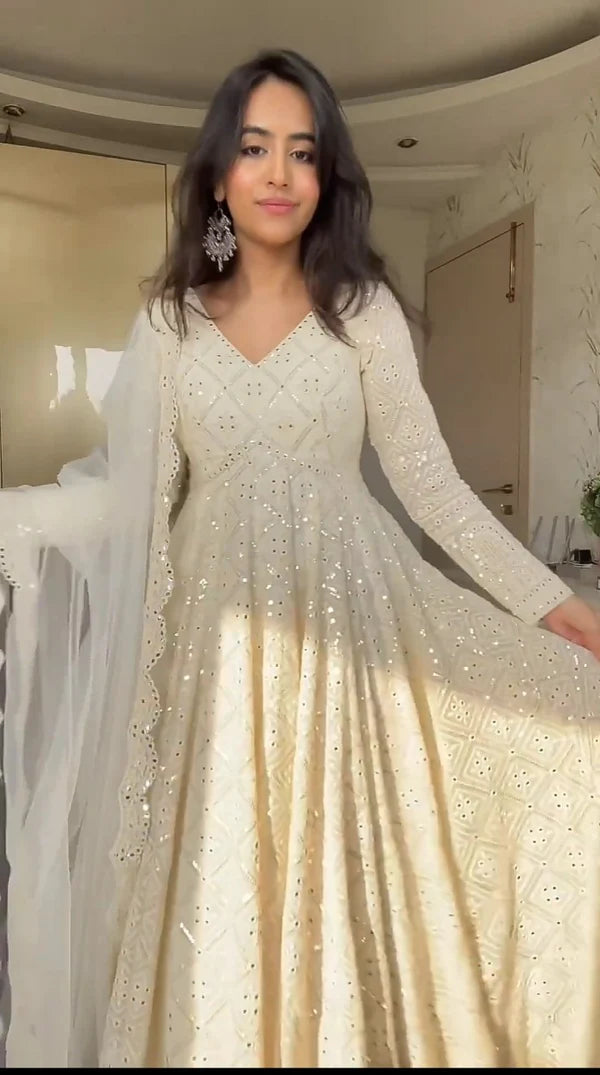 Cream Anarkali georgette suit set with sequin work