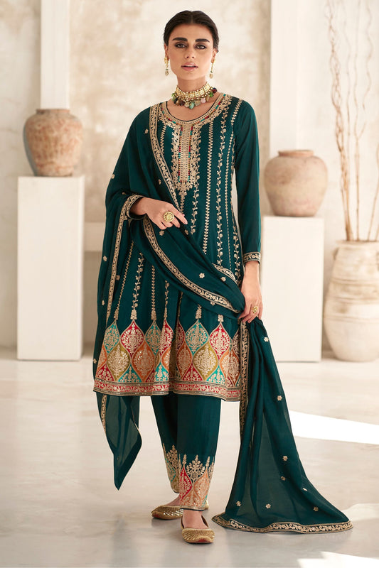 Teal Grean Chinon Silk Salwar suit