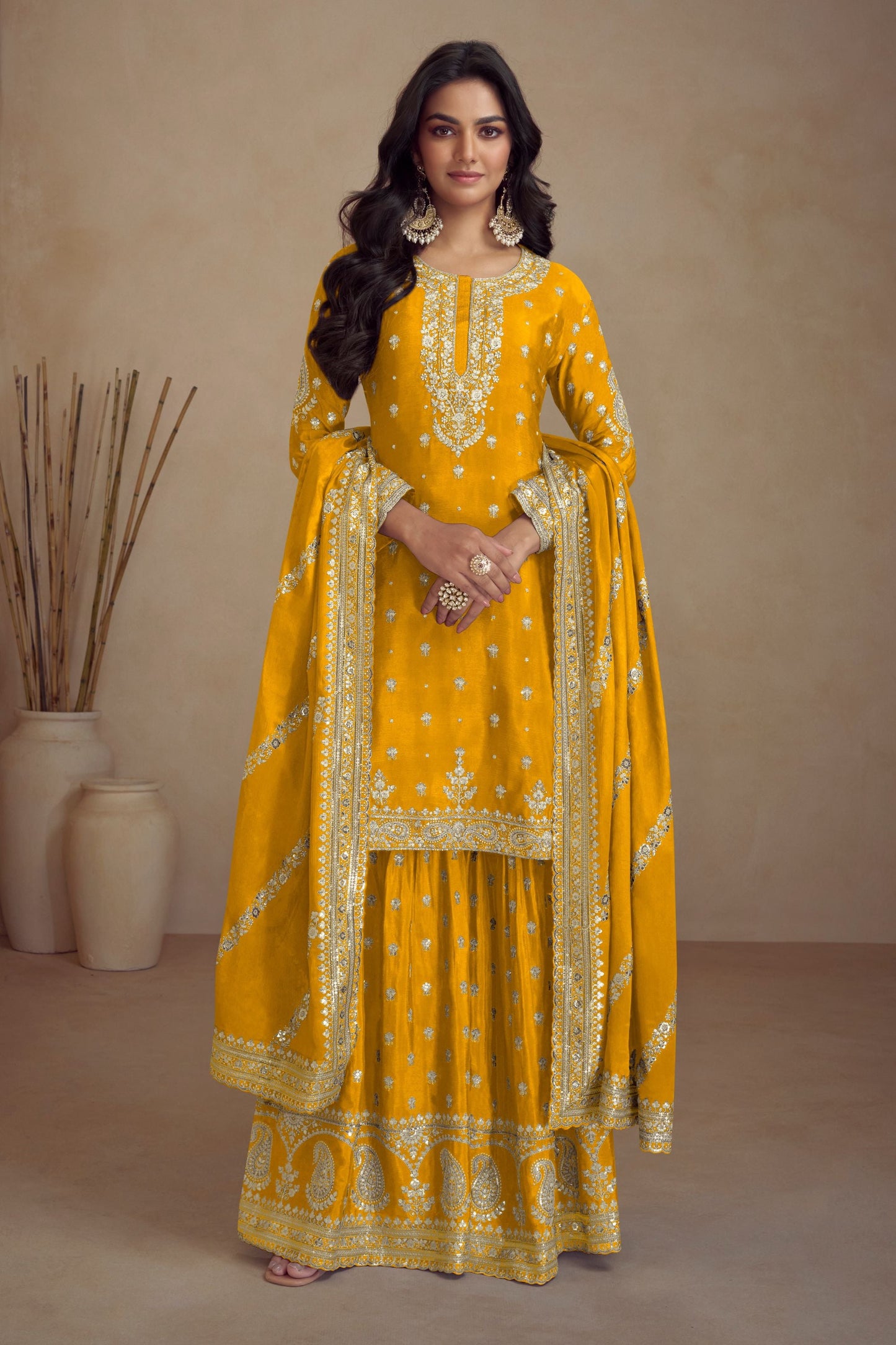 Yellow Chinon Silk Palazzo Suit