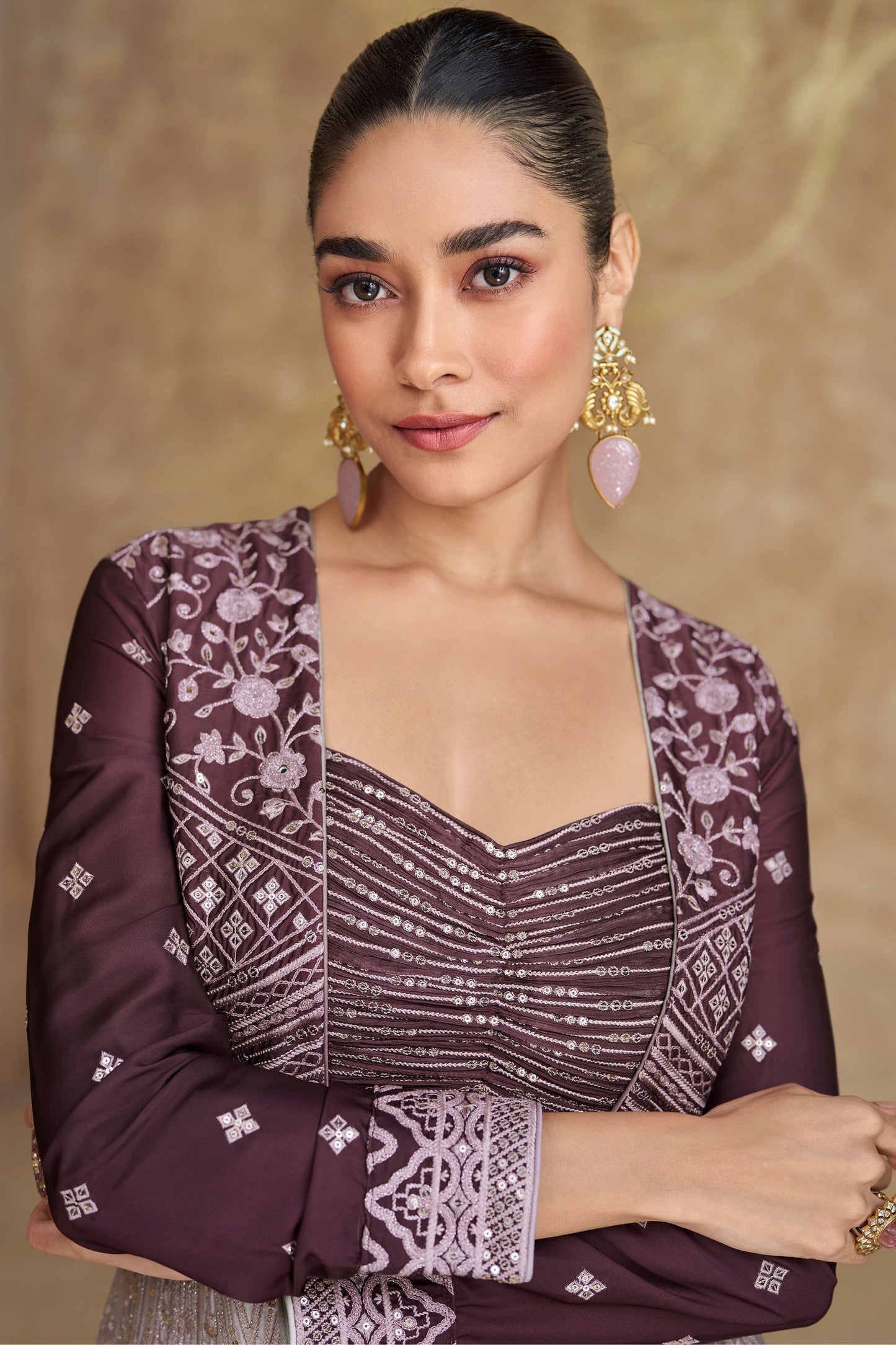 Dark Purple Chinon Silk Lehenga Choli with Jacket - Embroidery Work