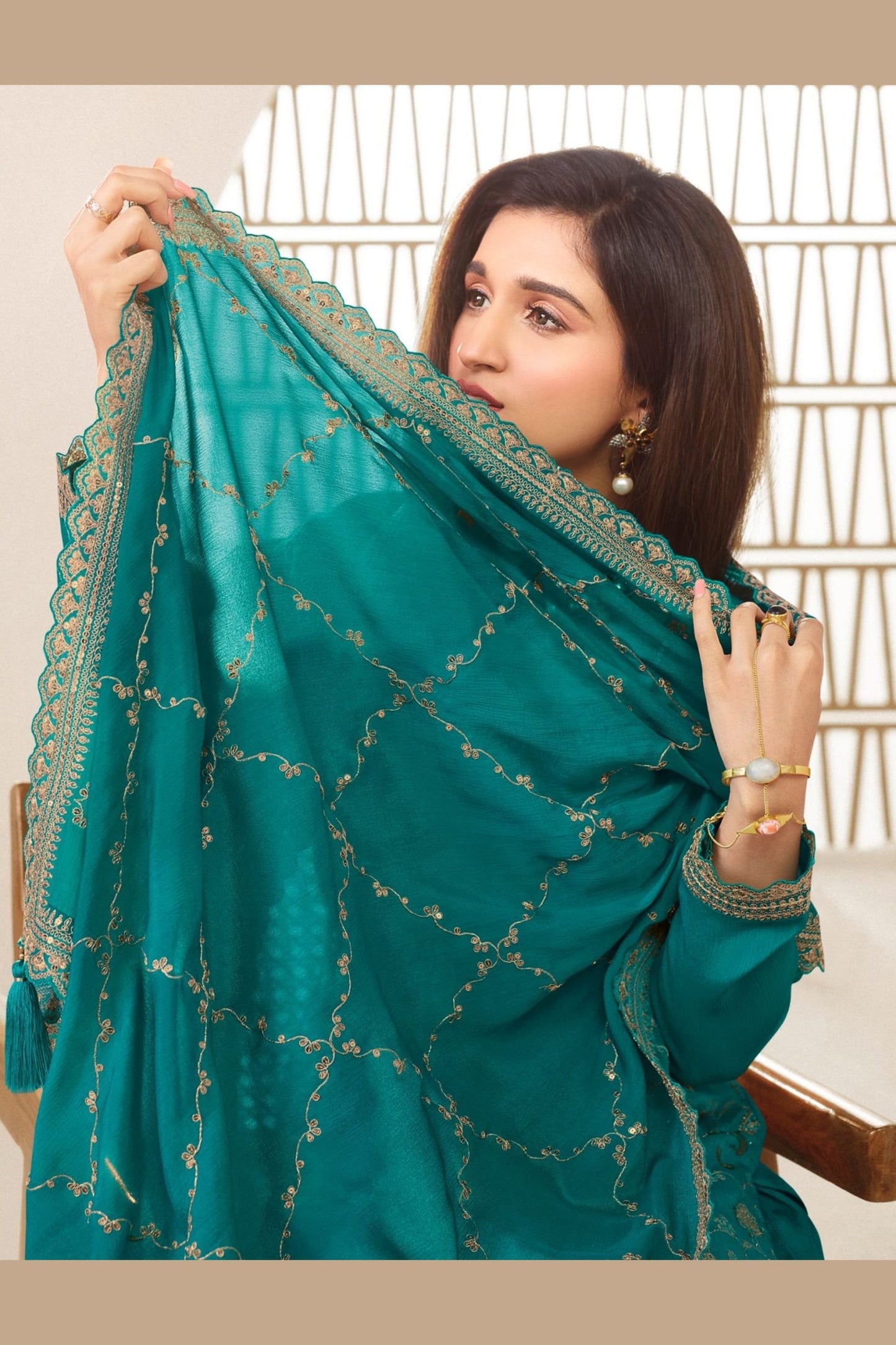 Turquoise Jacquard Silk Plazzo Suit