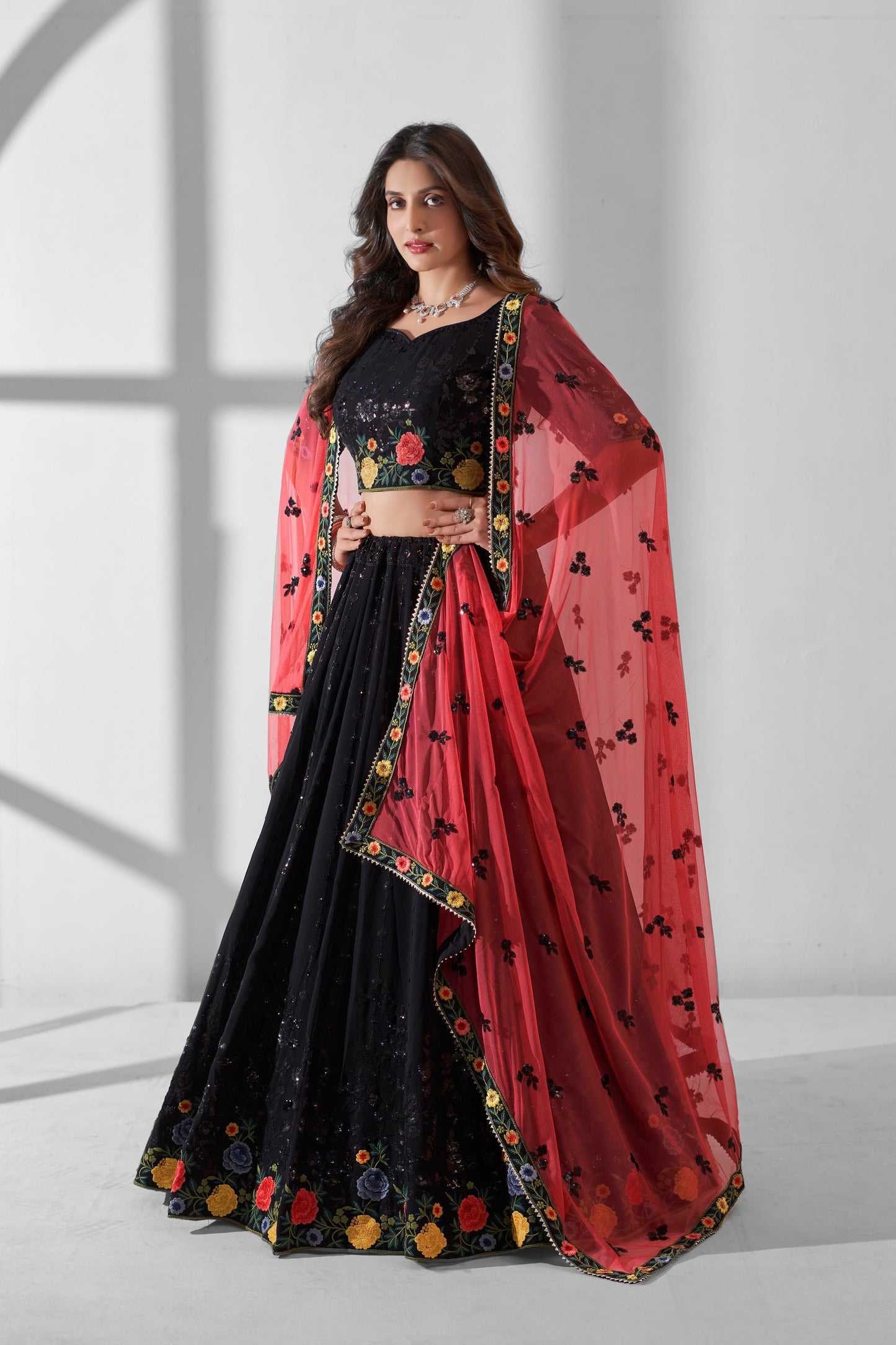 Black Georgette Flower Embroidered Lehenga Choli - Sequence Embroidery Work, Thread Embroidery Work