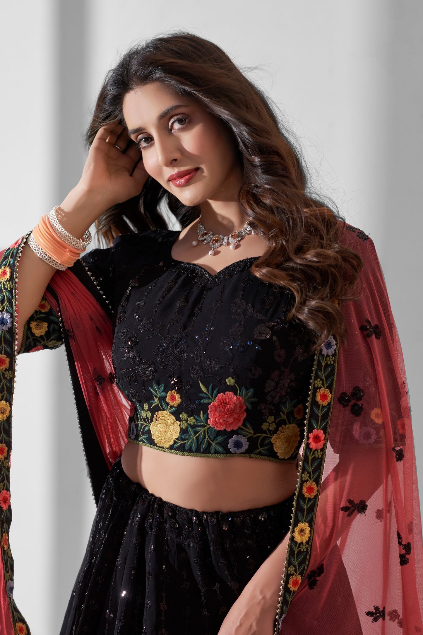 Black Georgette Flower Embroidered Lehenga Choli - Sequence Embroidery Work, Thread Embroidery Work