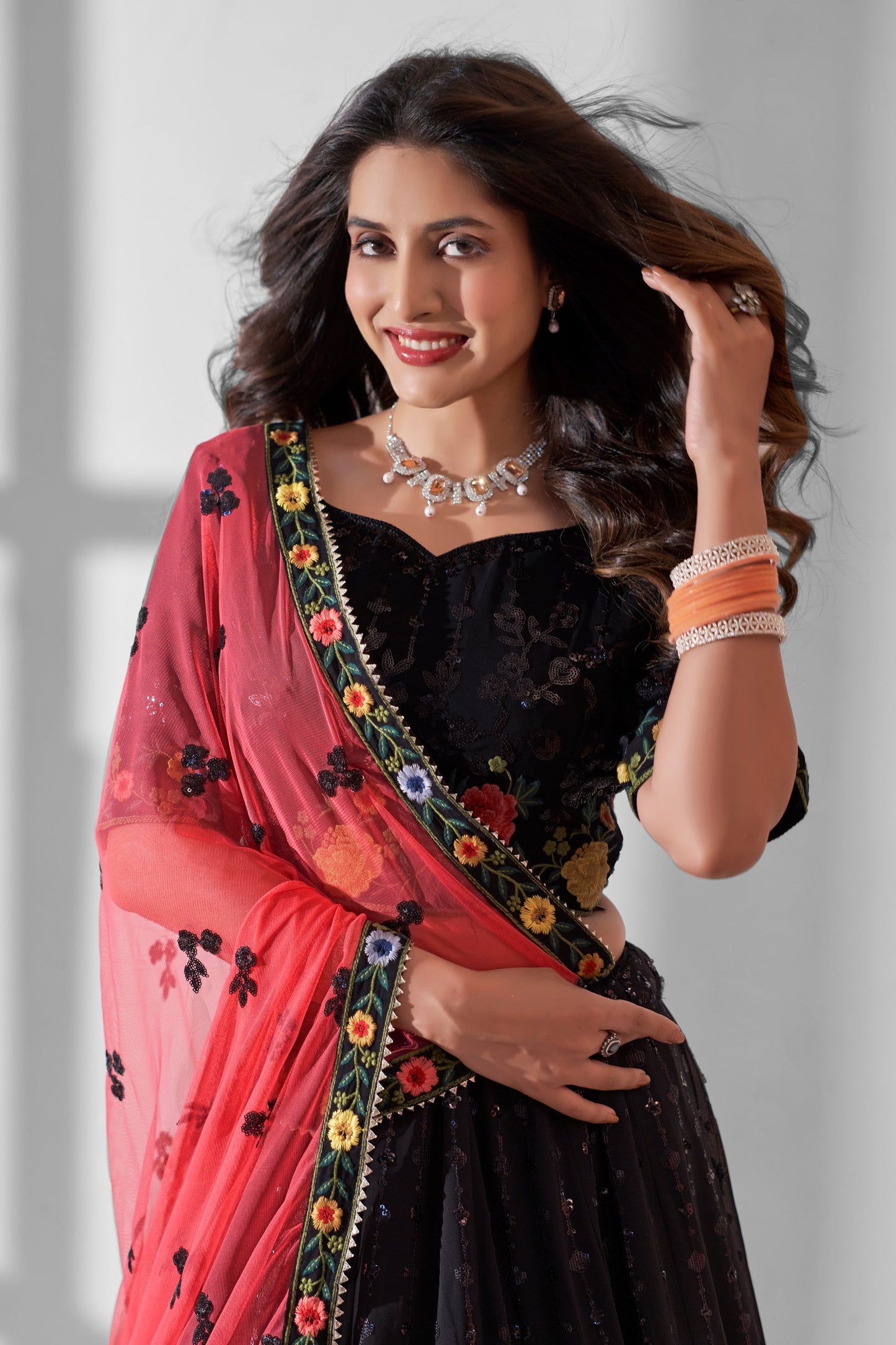 Black Georgette Flower Embroidered Lehenga Choli - Sequence Embroidery Work, Thread Embroidery Work