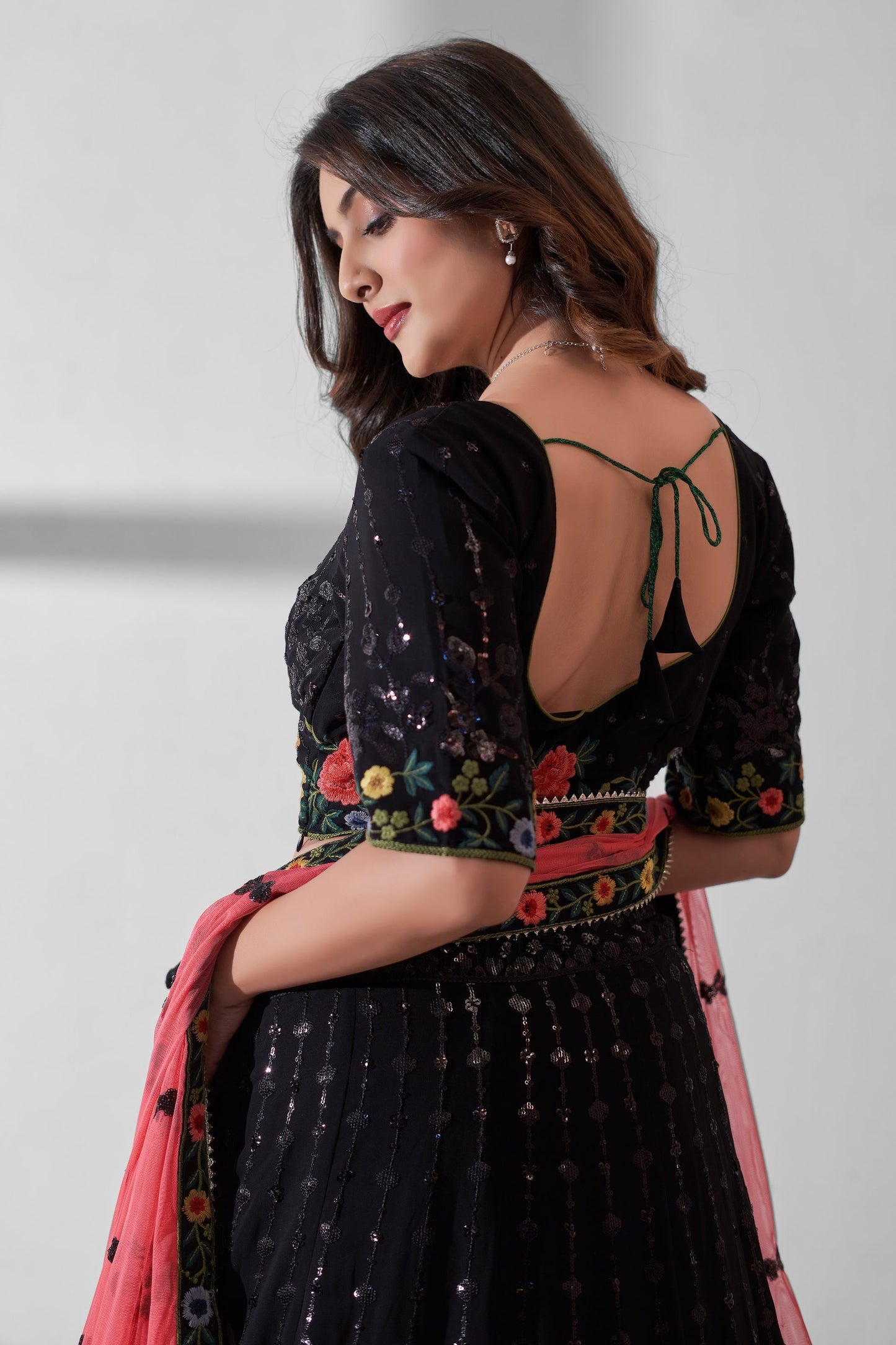 Black Georgette Flower Embroidered Lehenga Choli - Sequence Embroidery Work, Thread Embroidery Work