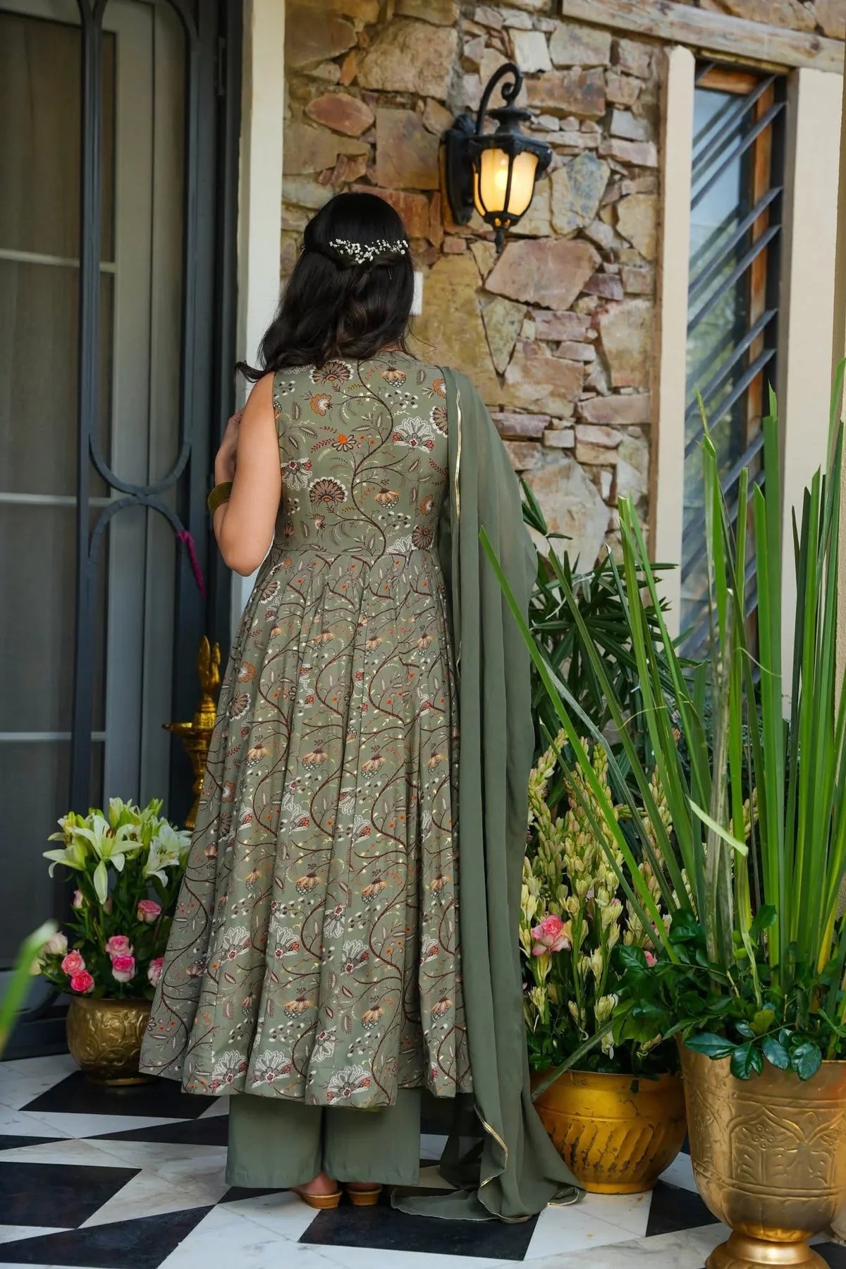 BISHARA SAGE RAYON ANARKALI SUIT SET