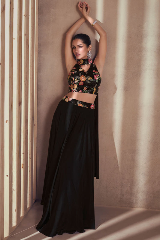 Black Chinon Silk Palazzo with Choli