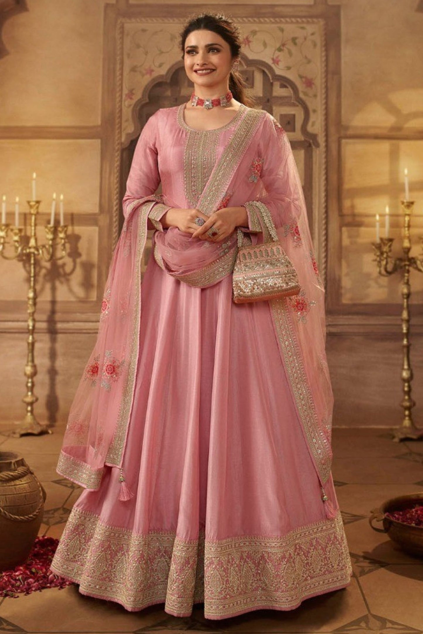 Light Pink Dola Silk Full Floor Length Anarkali Suit